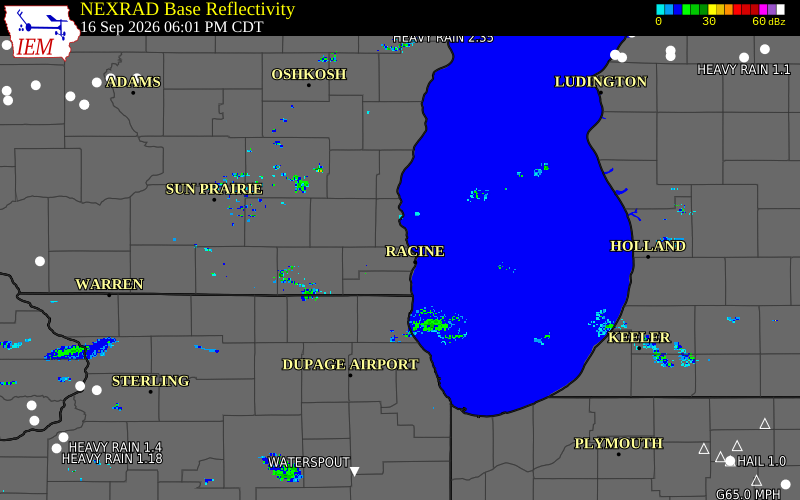 Current NEXRAD radar over Racine County, Wisconsin with recent storm report locations