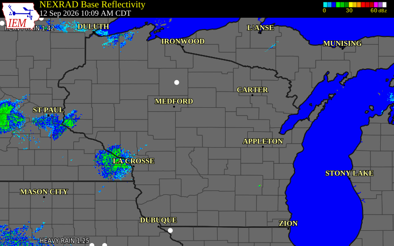 Current NEXRAD radar across Wisconsin with recent storm report locations