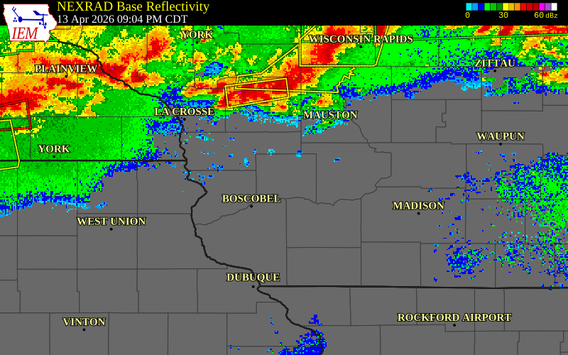 NEXRAD radar during the Monday, April 13, 2026 storm activity in Richland County, Wisconsin