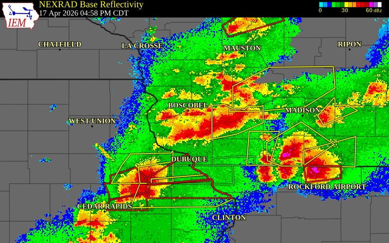 NEXRAD radar during the Friday, April 17, 2026 storm activity in Richland County, Wisconsin
