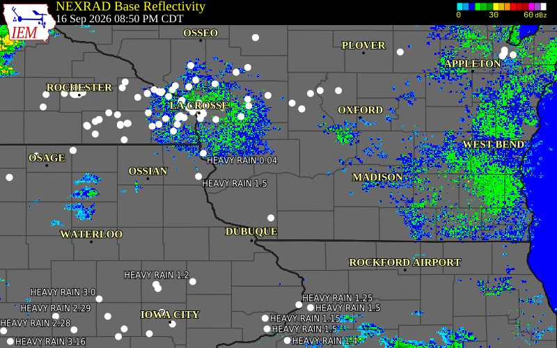 Current NEXRAD radar over Richland County, Wisconsin with recent storm report locations
