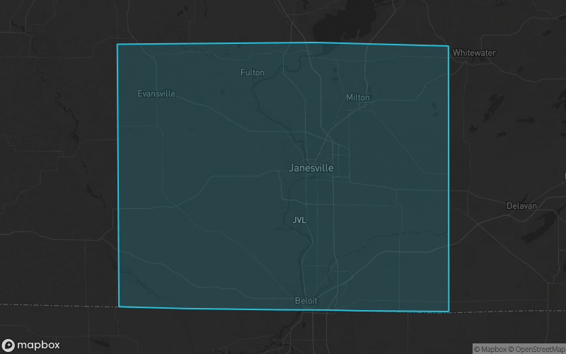 Map of Rock County, Wisconsin showing the county boundary and surrounding cities