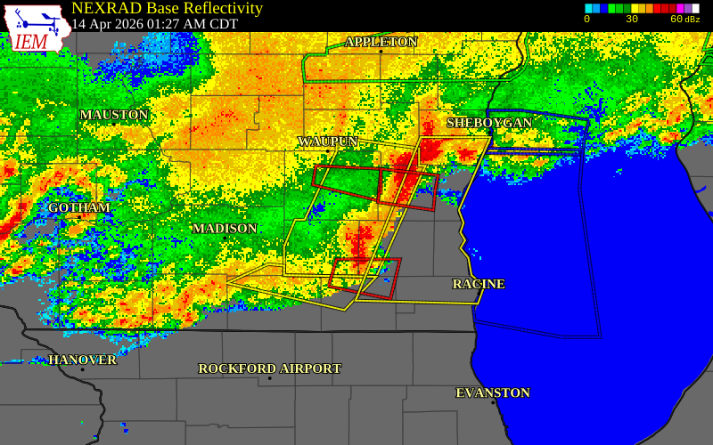 NEXRAD radar during the Tuesday, April 14, 2026 storm activity in Rock County, Wisconsin