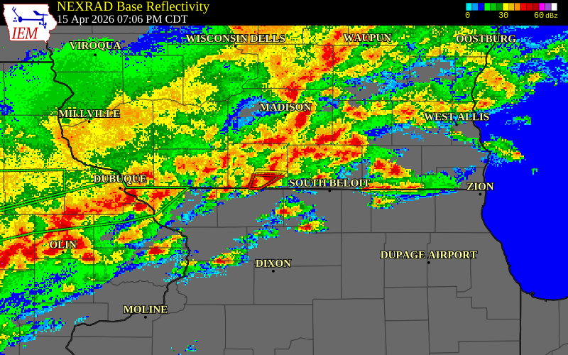 NEXRAD radar during the Wednesday, April 15, 2026 storm activity in Rock County, Wisconsin
