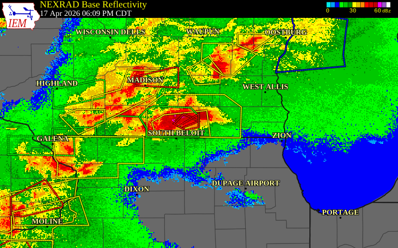NEXRAD radar during the Friday, April 17, 2026 storm activity in Rock County, Wisconsin