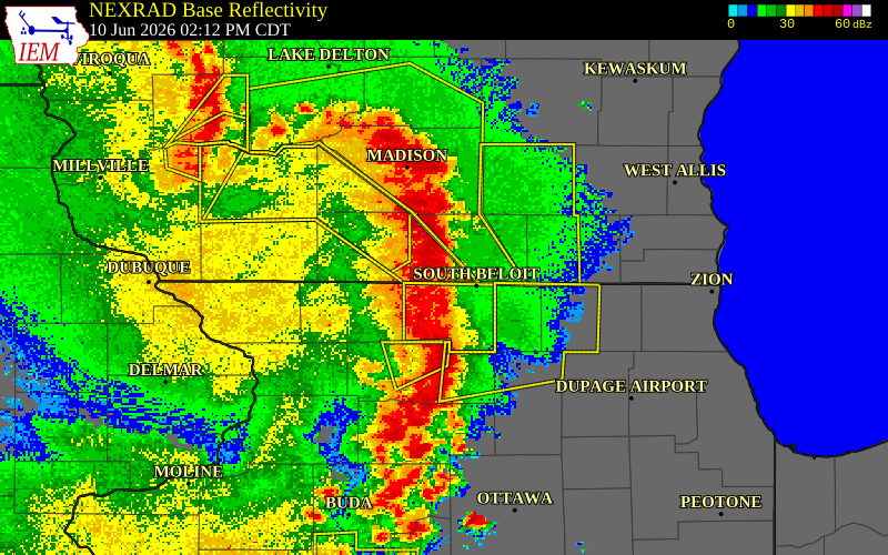 NEXRAD radar during the Wednesday, June 10, 2026 storm activity in Rock County, Wisconsin