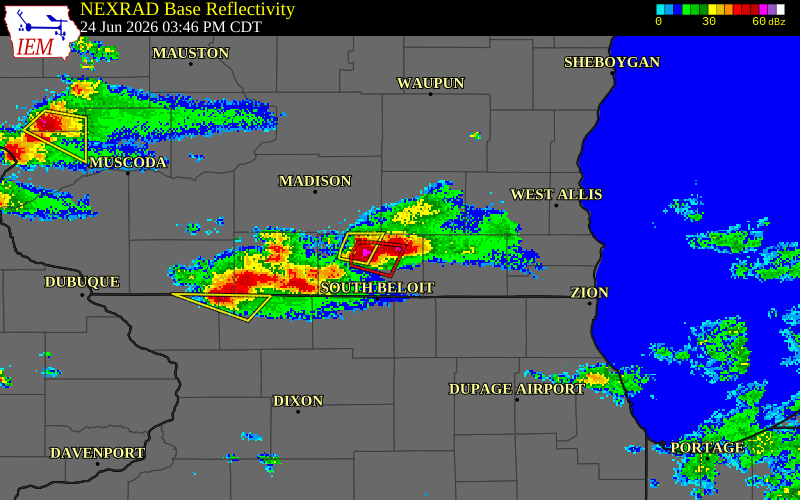 NEXRAD radar during the Wednesday, June 24, 2026 storm activity in Rock County, Wisconsin
