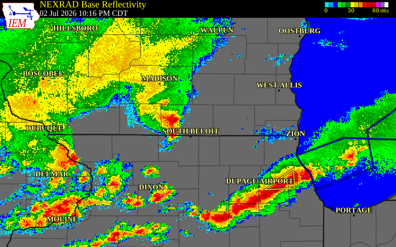 NEXRAD radar during the Thursday, July 2, 2026 storm activity in Rock County, Wisconsin