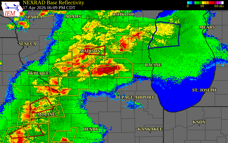 Radar snapshot during the Apr 17, 2026 tornado event near 5 ENE Avalon, Rock County, Wisconsin, with NWS warning polygons