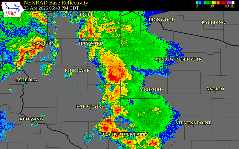 NEXRAD radar during the Thursday, April 23, 2026 storm activity in Rusk County, Wisconsin
