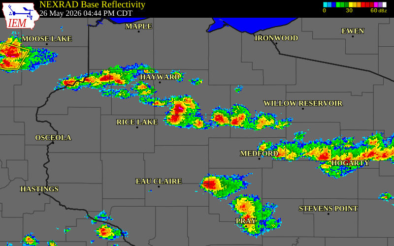 NEXRAD radar during the Tuesday, May 26, 2026 storm activity in Rusk County, Wisconsin