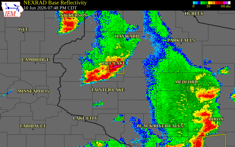 NEXRAD radar during the Wednesday, June 10, 2026 storm activity in Rusk County, Wisconsin
