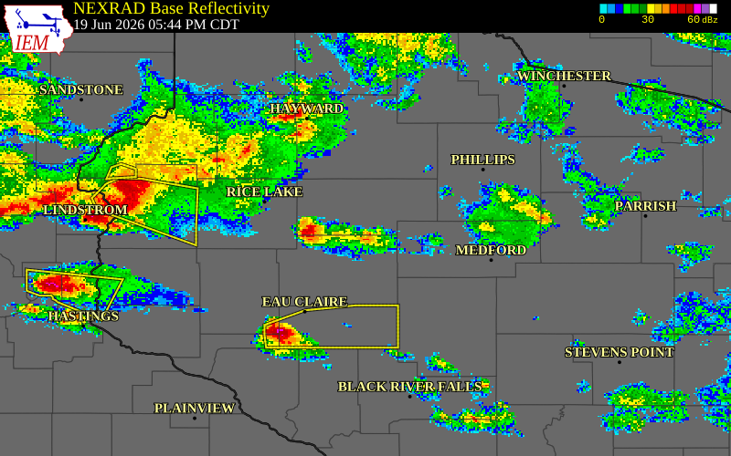 NEXRAD radar during the Friday, June 19, 2026 storm activity in Rusk County, Wisconsin