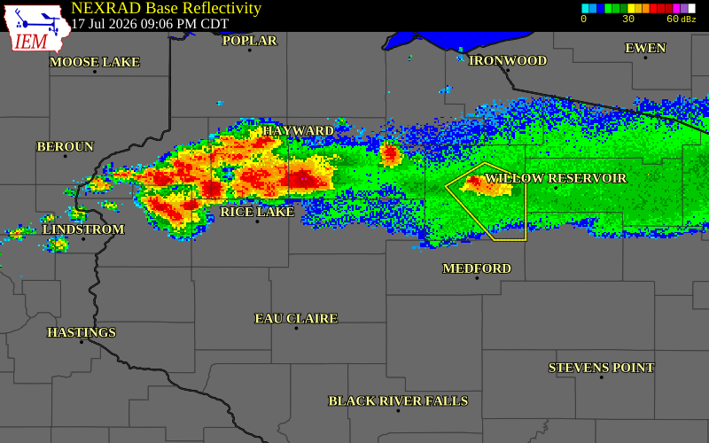 NEXRAD radar during the Friday, July 17, 2026 storm activity in Rusk County, Wisconsin