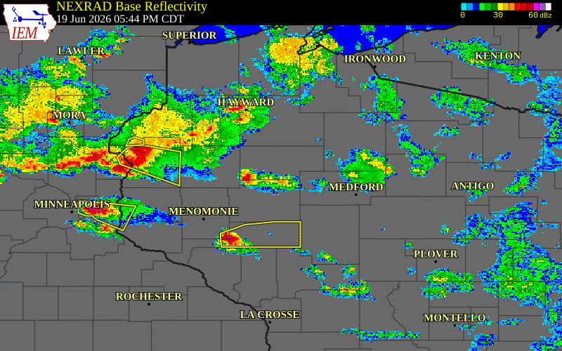 Radar snapshot during the Jun 19, 2026 hail event near Rusk County, Rusk County, Wisconsin, with NWS warning polygons