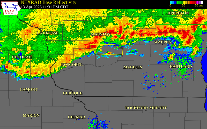 NEXRAD radar during the Monday, April 13, 2026 storm activity in Sauk County, Wisconsin