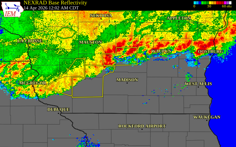NEXRAD radar during the Tuesday, April 14, 2026 storm activity in Sauk County, Wisconsin