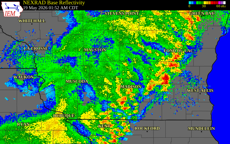 NEXRAD radar during the Tuesday, May 19, 2026 storm activity in Sauk County, Wisconsin