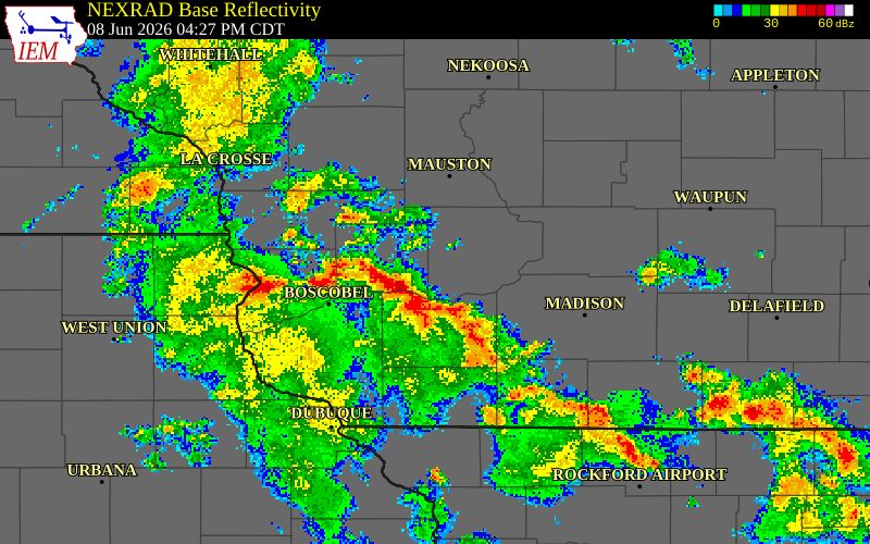 NEXRAD radar during the Monday, June 8, 2026 storm activity in Sauk County, Wisconsin