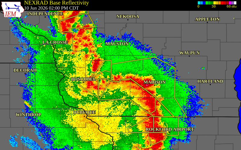 NEXRAD radar during the Wednesday, June 10, 2026 storm activity in Sauk County, Wisconsin