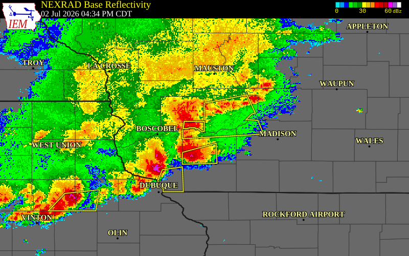NEXRAD radar during the Thursday, July 2, 2026 storm activity in Sauk County, Wisconsin