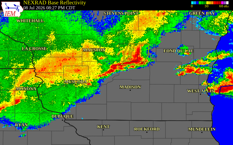 NEXRAD radar during the Wednesday, July 8, 2026 storm activity in Sauk County, Wisconsin