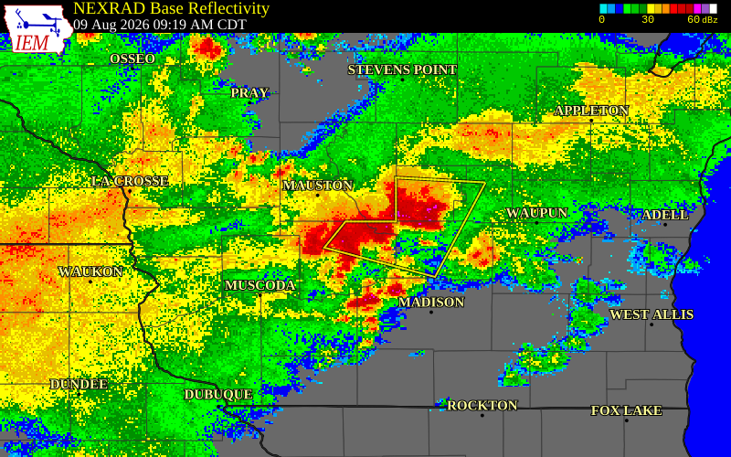 NEXRAD radar during the Sunday, August 9, 2026 storm activity in Sauk County, Wisconsin