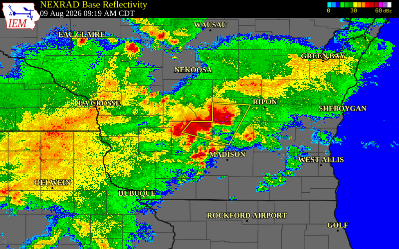 Radar snapshot during the Aug 9, 2026 wind event near 1 NW Lake Delton, Sauk County, Wisconsin, with NWS warning polygons