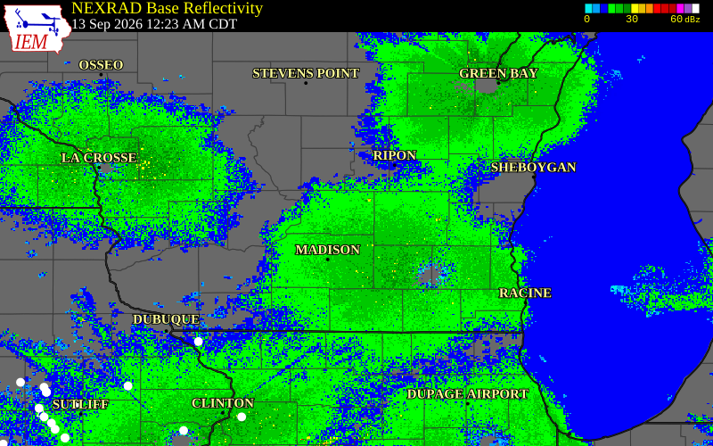 Current NEXRAD radar over Sauk County, Wisconsin with recent storm report locations