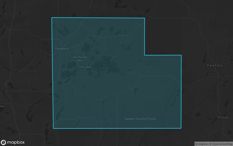 Map of Sawyer County, Wisconsin showing the county boundary and surrounding cities