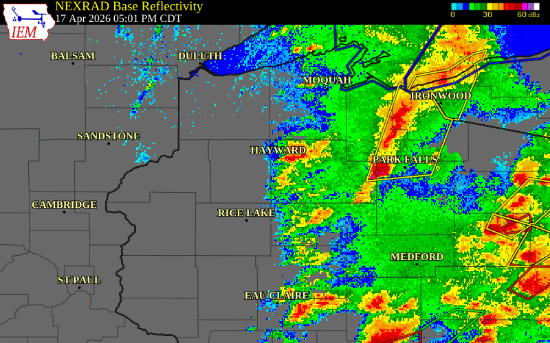 NEXRAD radar during the Friday, April 17, 2026 storm activity in Sawyer County, Wisconsin