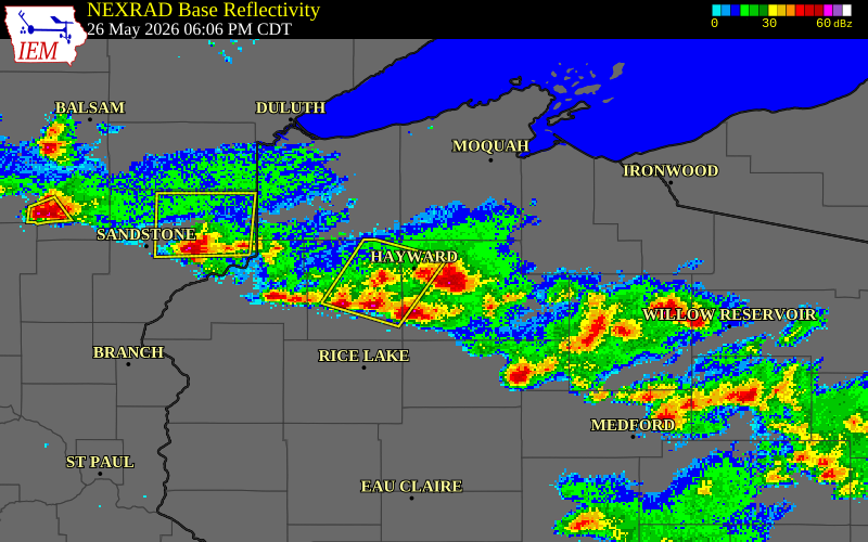 NEXRAD radar during the Tuesday, May 26, 2026 storm activity in Sawyer County, Wisconsin