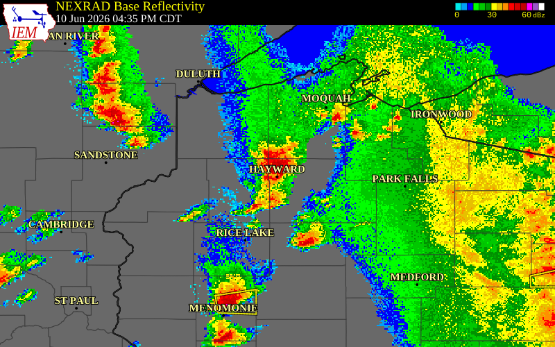 NEXRAD radar during the Wednesday, June 10, 2026 storm activity in Sawyer County, Wisconsin