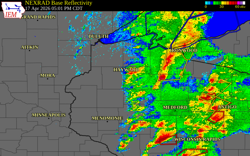 Radar snapshot during the Apr 17, 2026 hail event near 4 NNE Stone Lake, Sawyer County, Wisconsin, with NWS warning polygons