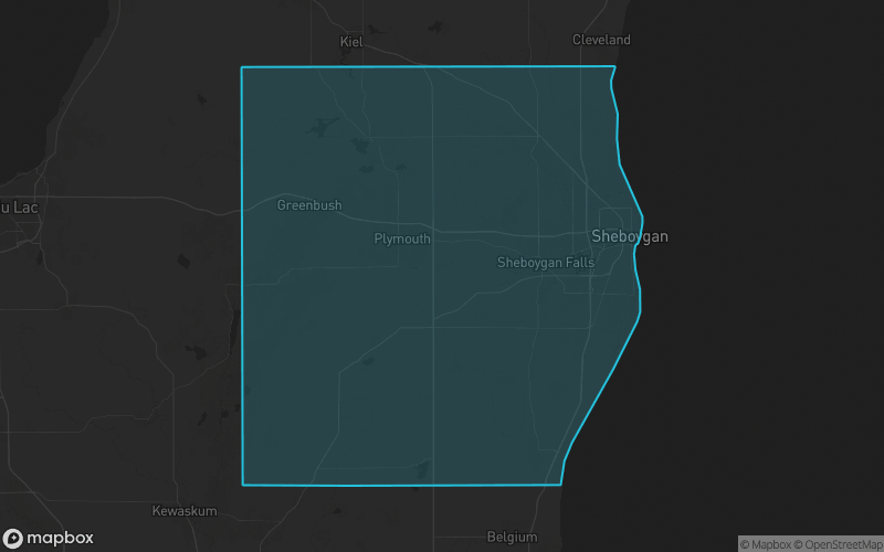 Map of Sheboygan County, Wisconsin showing the county boundary and surrounding cities