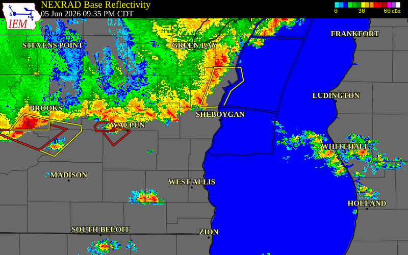 NEXRAD radar during the Friday, June 5, 2026 storm activity in Sheboygan County, Wisconsin