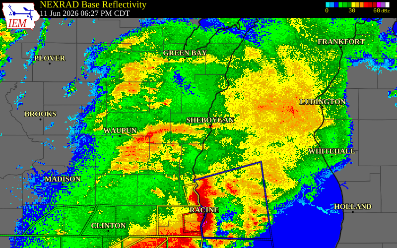 NEXRAD radar during the Thursday, June 11, 2026 storm activity in Sheboygan County, Wisconsin
