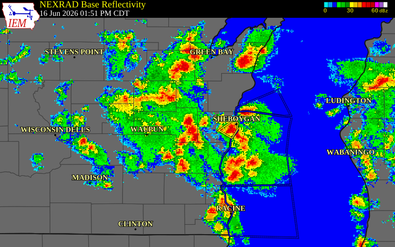 NEXRAD radar during the Tuesday, June 16, 2026 storm activity in Sheboygan County, Wisconsin