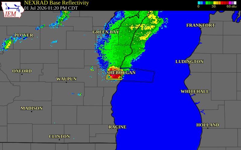 NEXRAD radar during the Wednesday, July 1, 2026 storm activity in Sheboygan County, Wisconsin