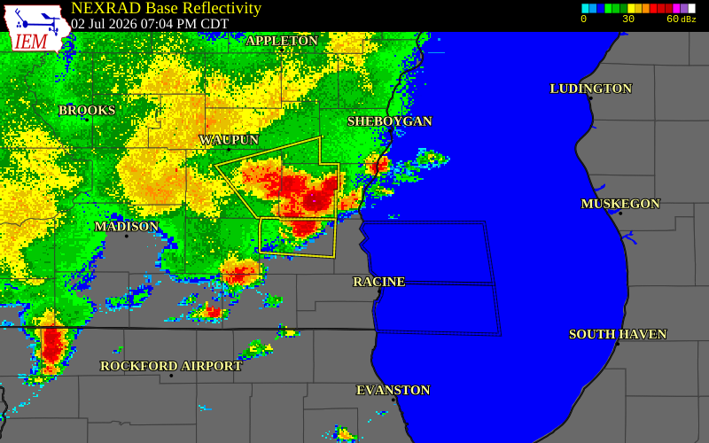 NEXRAD radar during the Thursday, July 2, 2026 storm activity in Sheboygan County, Wisconsin