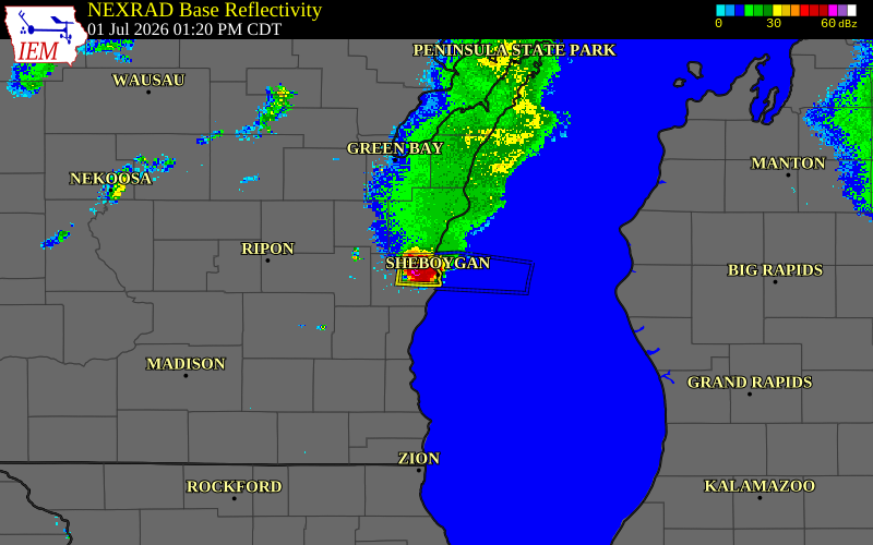 Radar snapshot during the Jul 1, 2026 hail event near 1 NW Sheboygan, Sheboygan County, Wisconsin, with NWS warning polygons