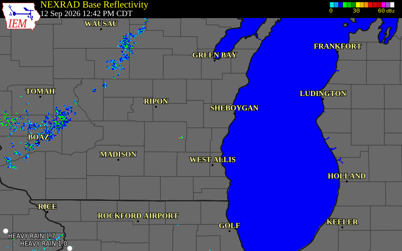 Current NEXRAD radar over Sheboygan County, Wisconsin with recent storm report locations