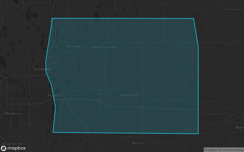 Map of St. Croix County, Wisconsin showing the county boundary and surrounding cities