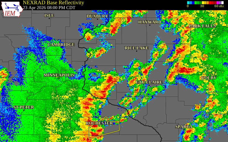 NEXRAD radar during the Thursday, April 23, 2026 storm activity in St. Croix County, Wisconsin