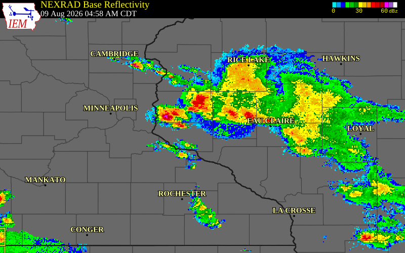 NEXRAD radar during the Sunday, August 9, 2026 storm activity in St. Croix County, Wisconsin