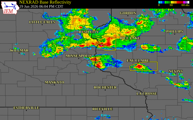 Radar snapshot during the Jun 19, 2026 hail event near 4 SSE Hudson, St. Croix County, Wisconsin, with NWS warning polygons