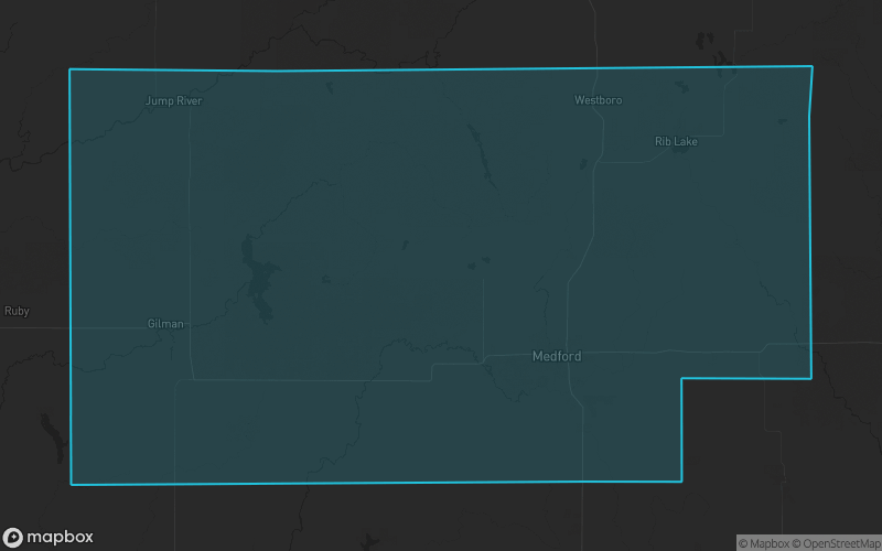Map of Taylor County, Wisconsin showing the county boundary and surrounding cities