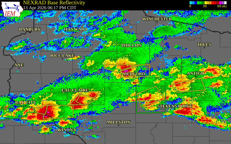 NEXRAD radar during the Monday, April 13, 2026 storm activity in Taylor County, Wisconsin