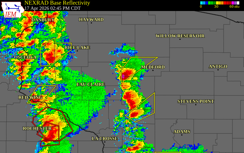 NEXRAD radar during the Friday, April 17, 2026 storm activity in Taylor County, Wisconsin
