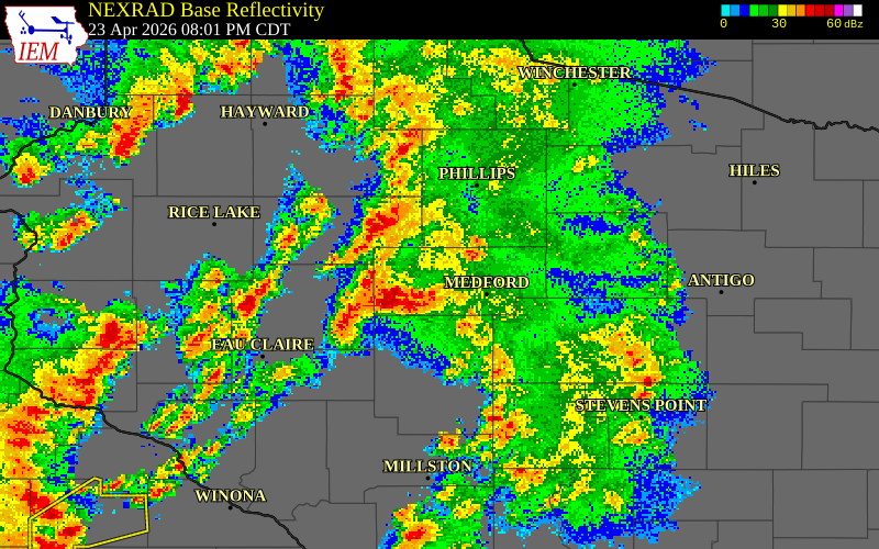 NEXRAD radar during the Thursday, April 23, 2026 storm activity in Taylor County, Wisconsin